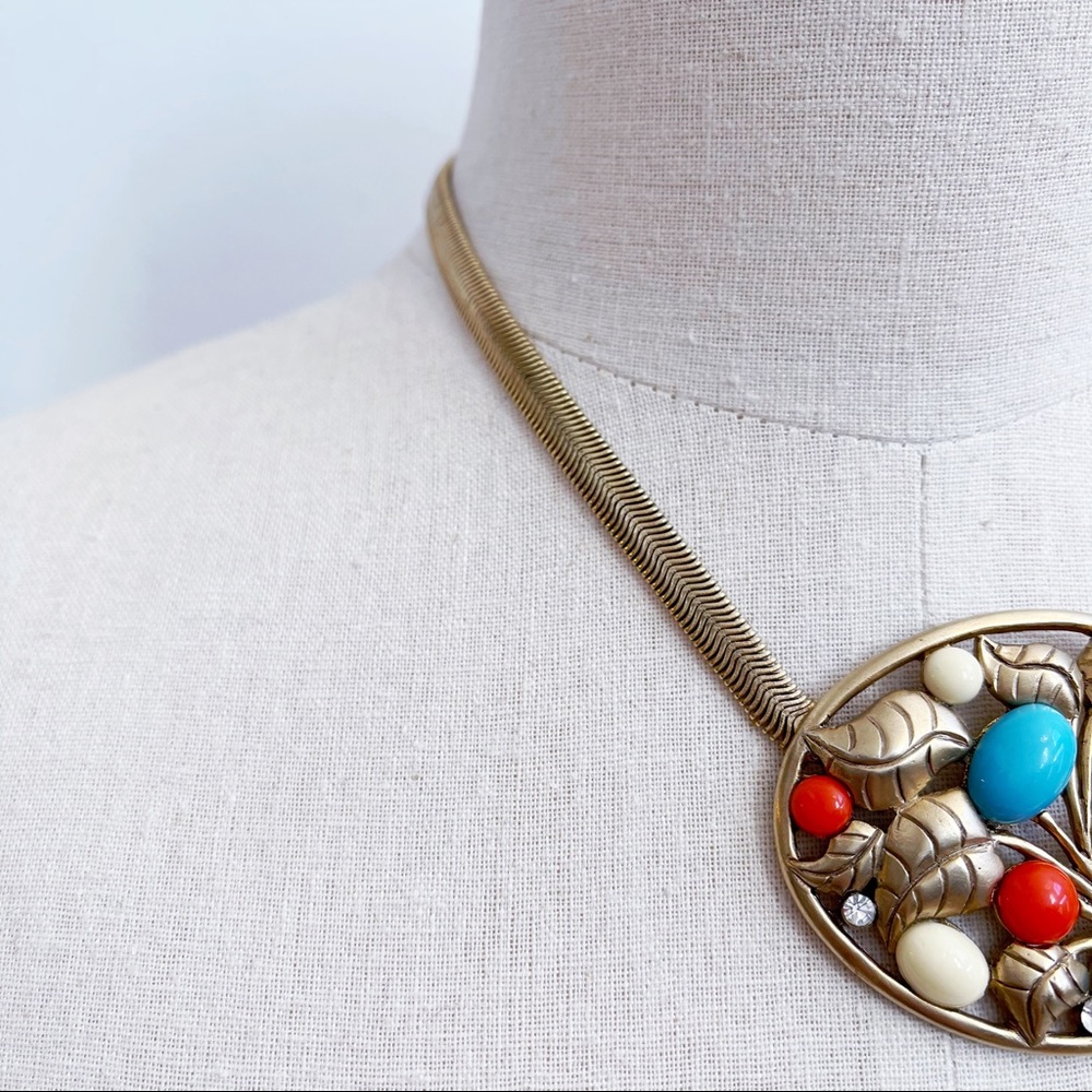 Gold Tone Faux Coral Turquoise Pendant Necklace - Picture 6 of 8